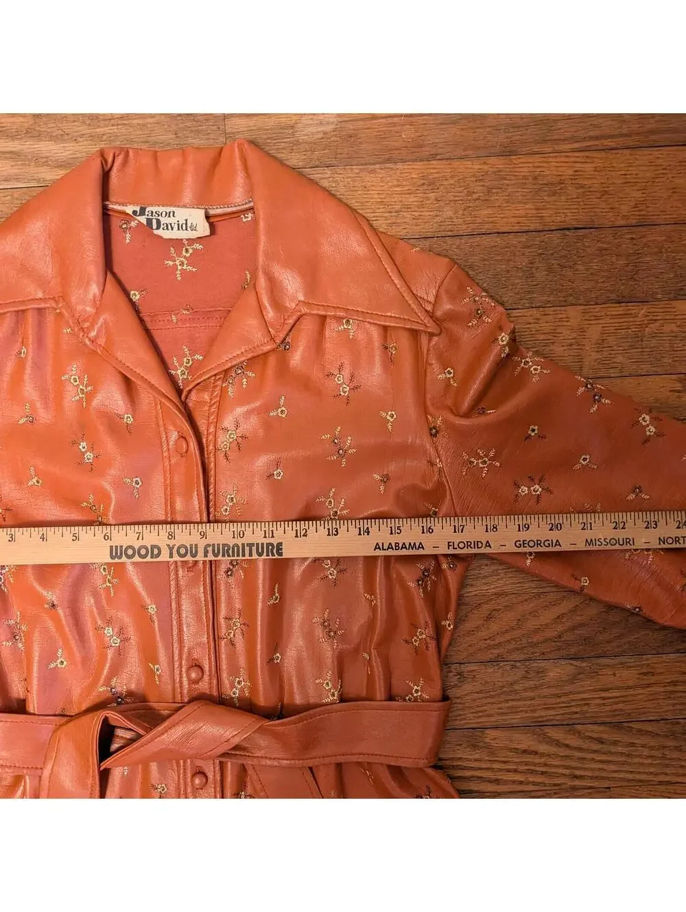 70s Jason David Terracotta Cognac Genuine Leather Embroidered Floral Belted Coat
